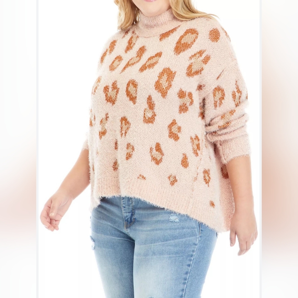 WONDERLY Plus Size 2x So Soft High Mock Neck Tunic Sweater Smoke Leopard